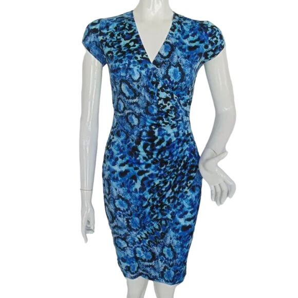 CACHE Dress, 0, Blue Snake print, Gathered hip, surplice V-neck, Cap sleeves - Picture 1 of 11